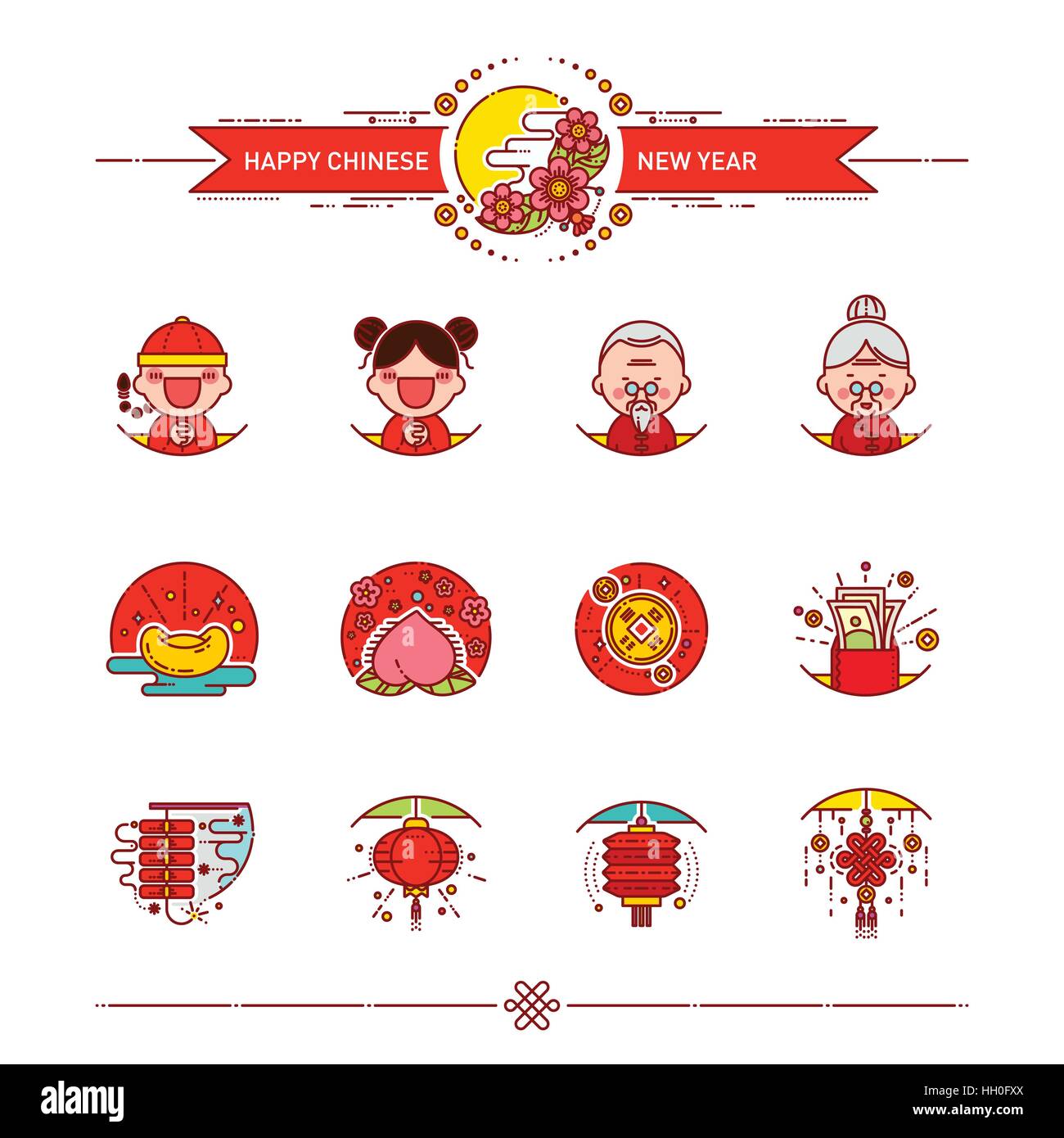 Vector Illustration of Happy Chinese New Year Icons Set. Style linéaire moderne. Illustration de Vecteur