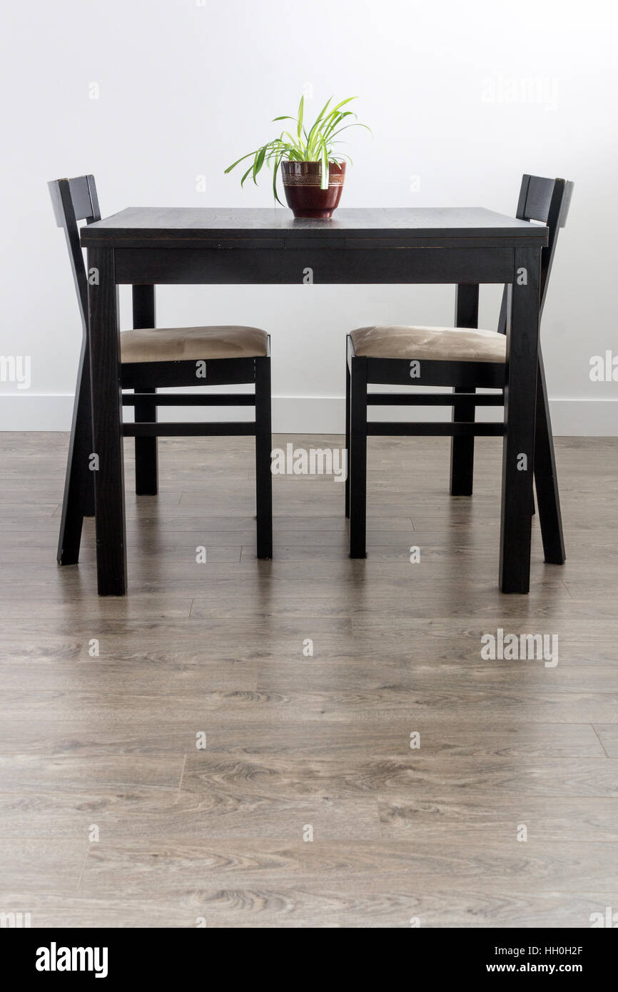 Vide salle à manger avec parquet au sol et mur blanc avec seulement deux chaise et une table Banque D'Images