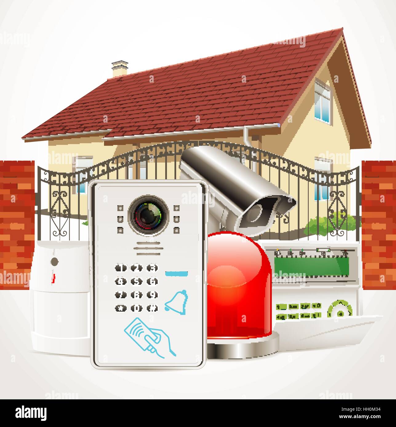 Système de sécurité accueil concept - détecteur de mouvement, capteur de gaz, caméra de surveillance, alarme electronique Illustration de Vecteur