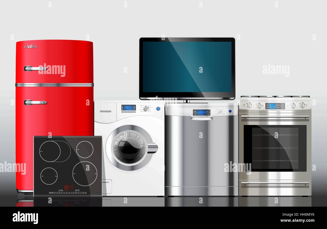 Cuisine et chambre appareils : four micro-ondes, lave-linge, réfrigérateur, cuisinière à gaz, lave-vaisselle, télévision Illustration de Vecteur