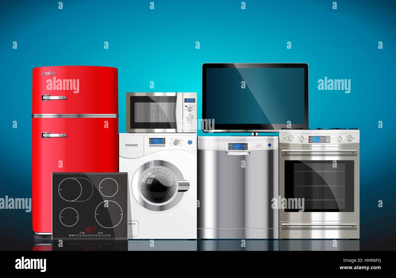 Cuisine et chambre appareils : four micro-ondes, lave-linge, réfrigérateur, cuisinière à gaz, lave-vaisselle, télévision Illustration de Vecteur