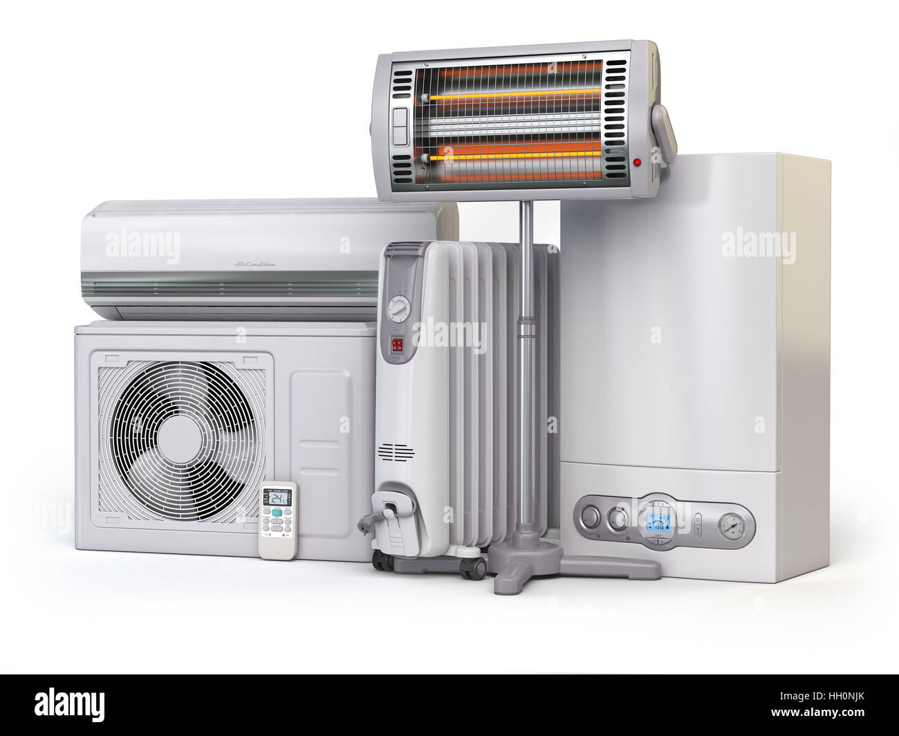 Les appareils de chauffage et les équipements. Chauffage des appareils ménagers. Chaudière à gaz, air conditionné, chauffage électrique radiant et huile isolated on white Banque D'Images