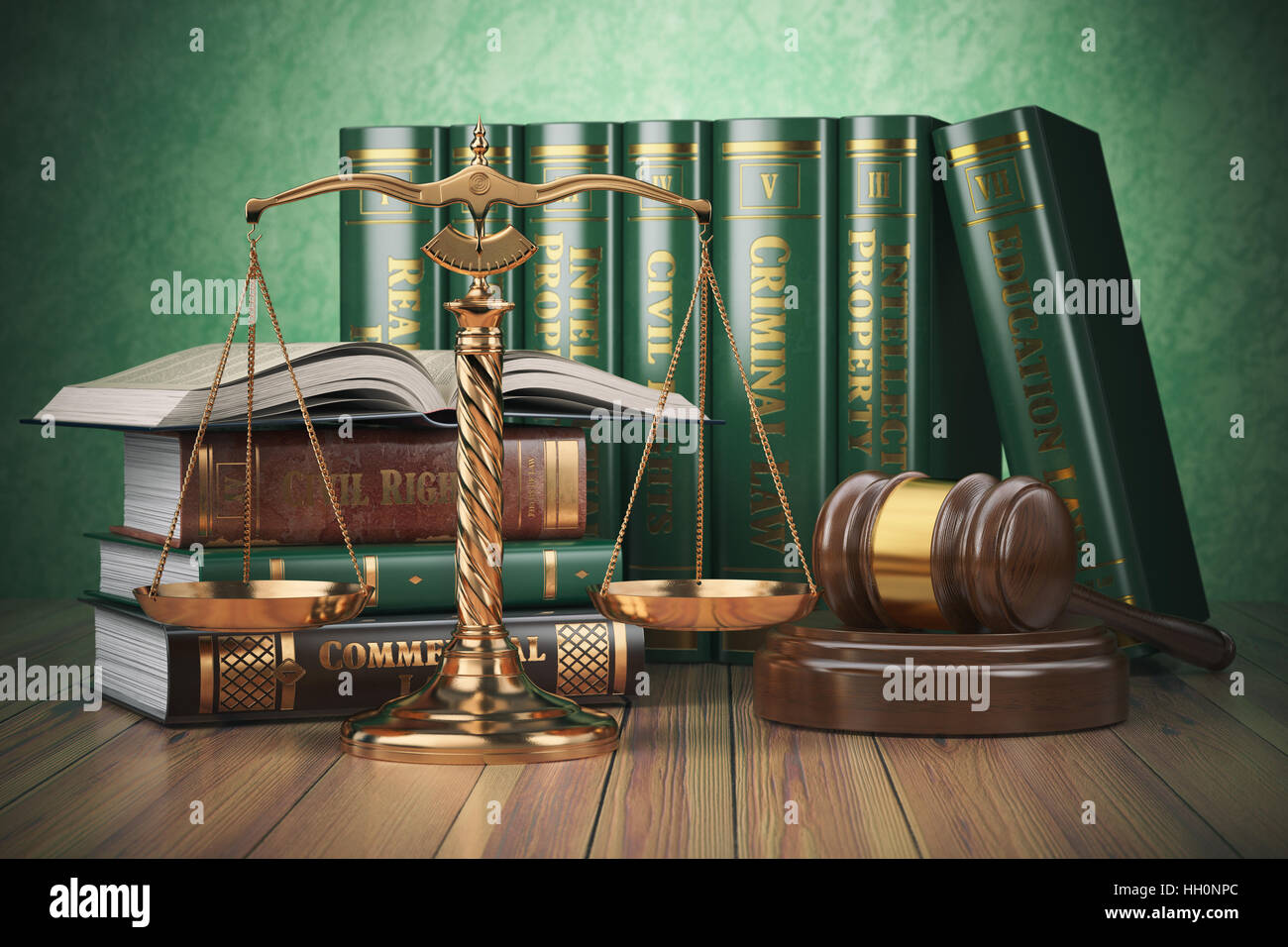 Échelles d'or de la justice, Gavel et livres avec les différents domaines du droit. Concept de la Justice. 3d illustration Banque D'Images