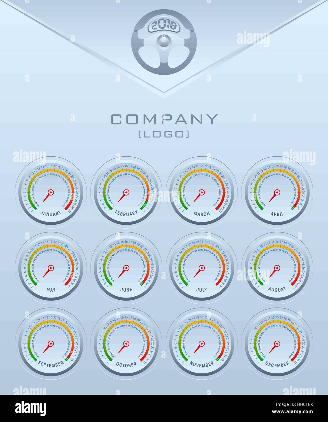Calendrier 2018 l'arrière-plan. Tableau de bord compteur de voiture concept. Fond métallique vertical. Vector EPS10. Illustration de Vecteur