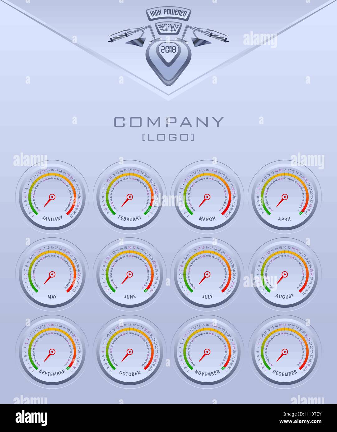 Calendrier 2018 l'arrière-plan. Tableau de bord compteur de vitesse moto concept. Fond métallique vertical. Vector EPS10. Illustration de Vecteur