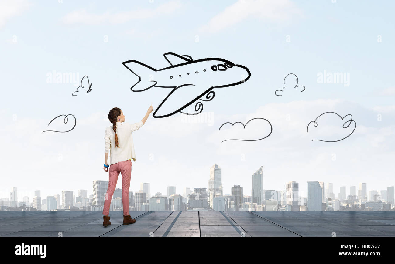 Jeune Femme Qui Voyage Avion Dessin Sur Mur Photo Stock Alamy