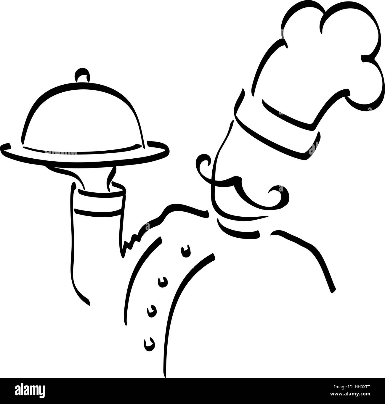 Chef avec plateau de nourriture à la main, isolé sur blanc. Illustration de Vecteur