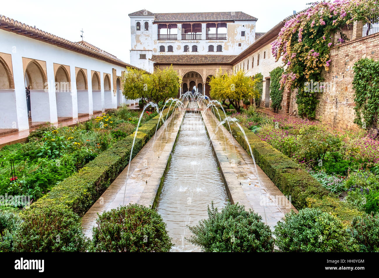 Le patio de la acequia dans les jardins du Generalife, palais de l'Alhambra, Grenade, Espagne Banque D'Images