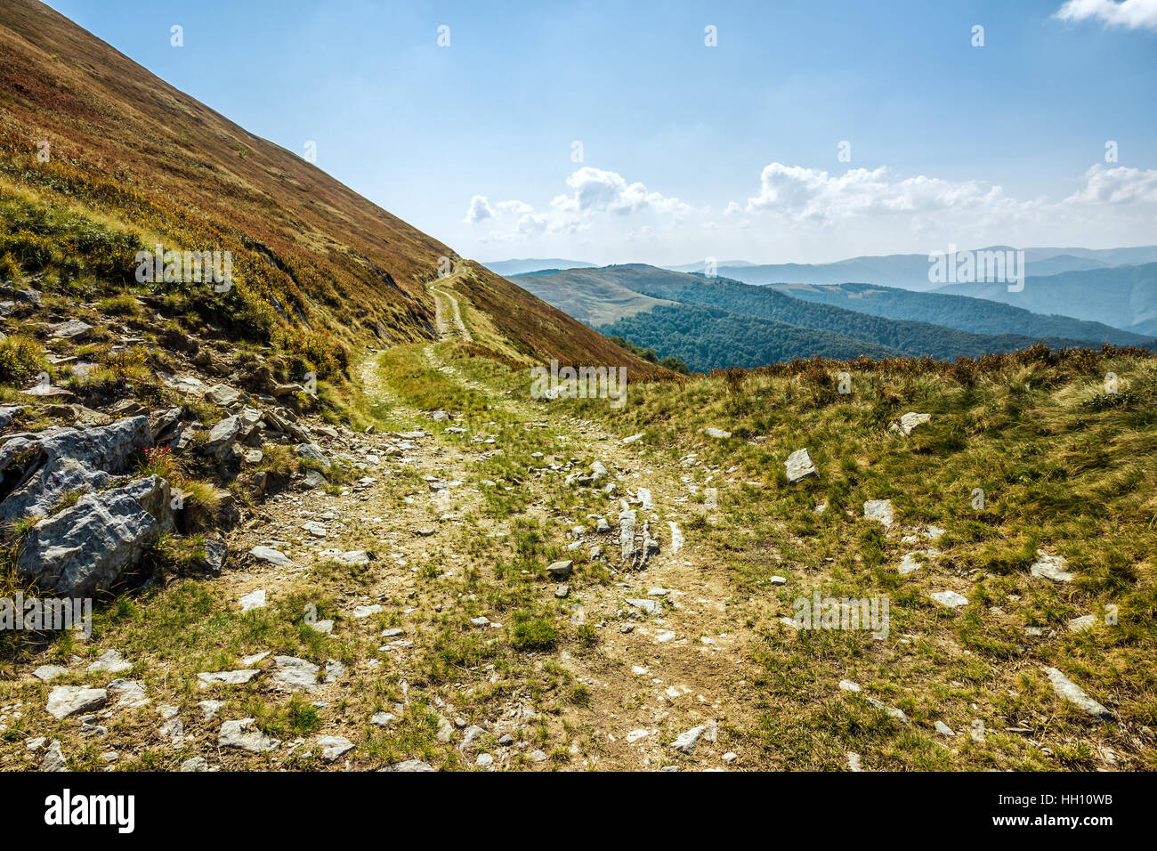 Paysage de montagne d'été. route à travers la crête vers le haut Banque D'Images