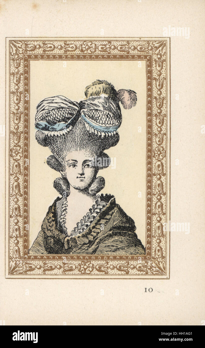 Femme de la Suzanne capot avec de la dentelle, des rubans et des panaches. Un capot la Suzanne, inspiré par Mlle. Contat dans le rôle de Suzanne dans les Noces de Figaro. Lithographie coloriée par de Laubadere de Octave Uzanne's coiffure élégante ou parures excentriques de l'époque du roi Louis XVI, Coiffures de style, la parure excentrique, Rouveyre, Paris, 1895. Banque D'Images