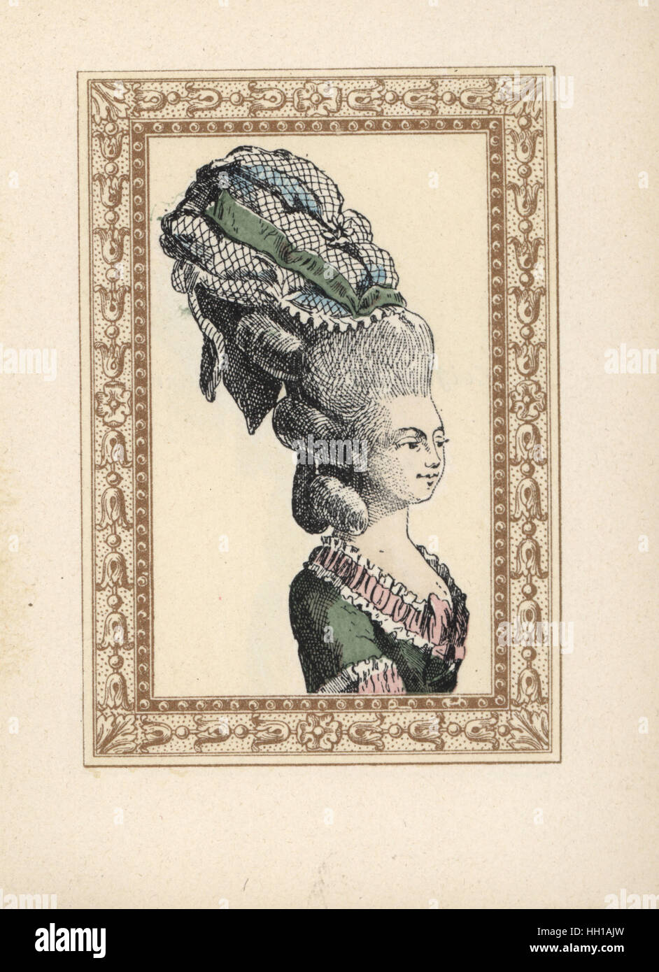 Femme de la Bastienne bonnet, inspiré par l'opéra comique de Mozart Bastien  und Bastienne 1768. Lithographie coloriée par de Laubadere de Octave  Uzanne's coiffure élégante ou parures excentriques de l'époque du roi