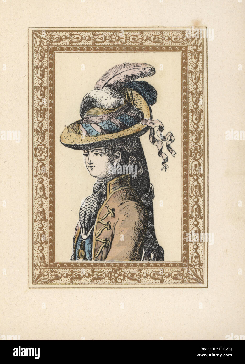 Femme dans un chapeau de chasse, Chapeau de Chasse, avec des plumes, et des  cheveux portés en queue de cheval appelé la flamme de l'amour, Flambeau  d'amour. Lithographie coloriée par de Laubadere