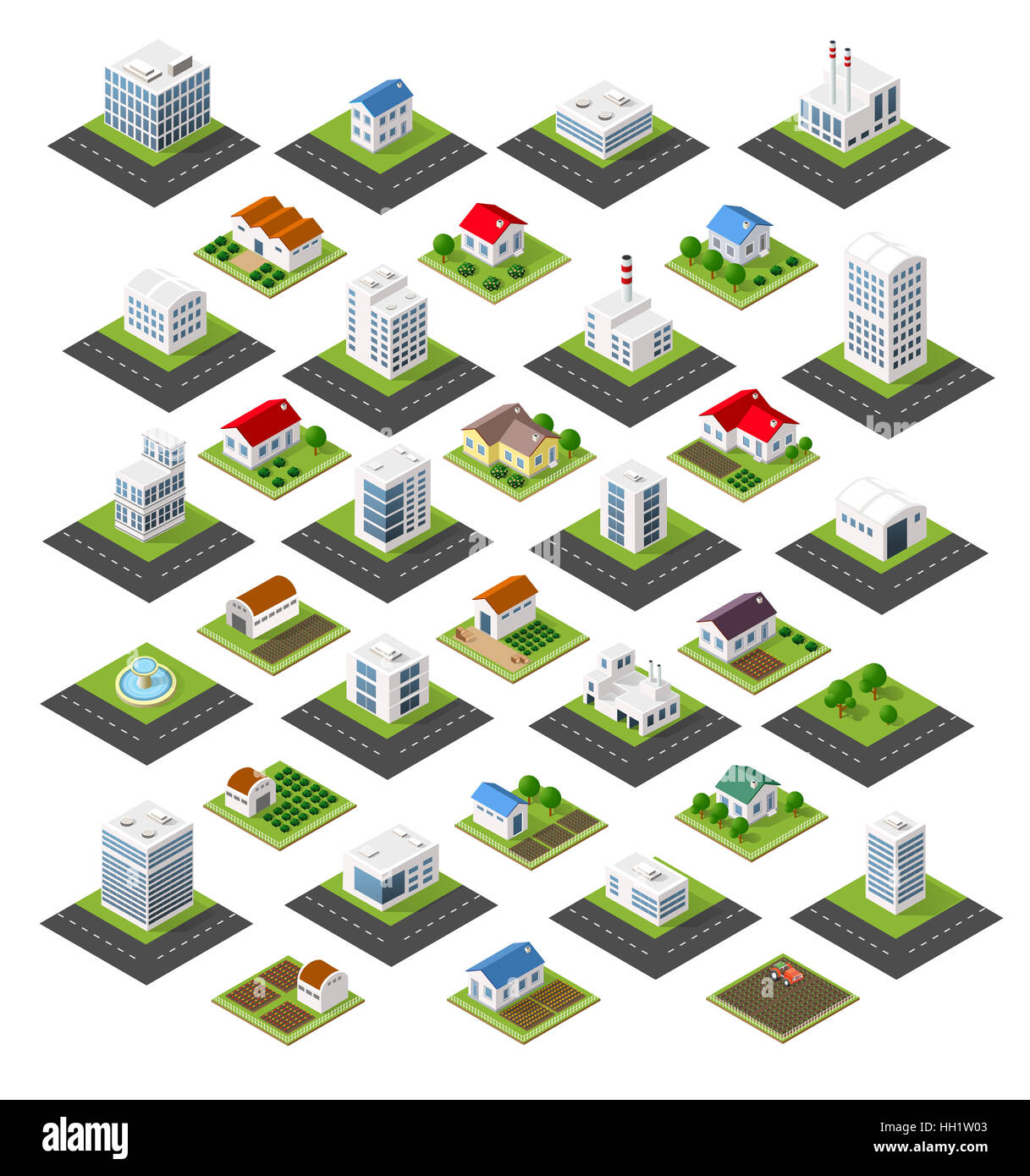 Ensemble d'icônes isométrique ville isolée des maisons, des gratte-ciel, des usines, des arbres, des jardins et des rues Banque D'Images