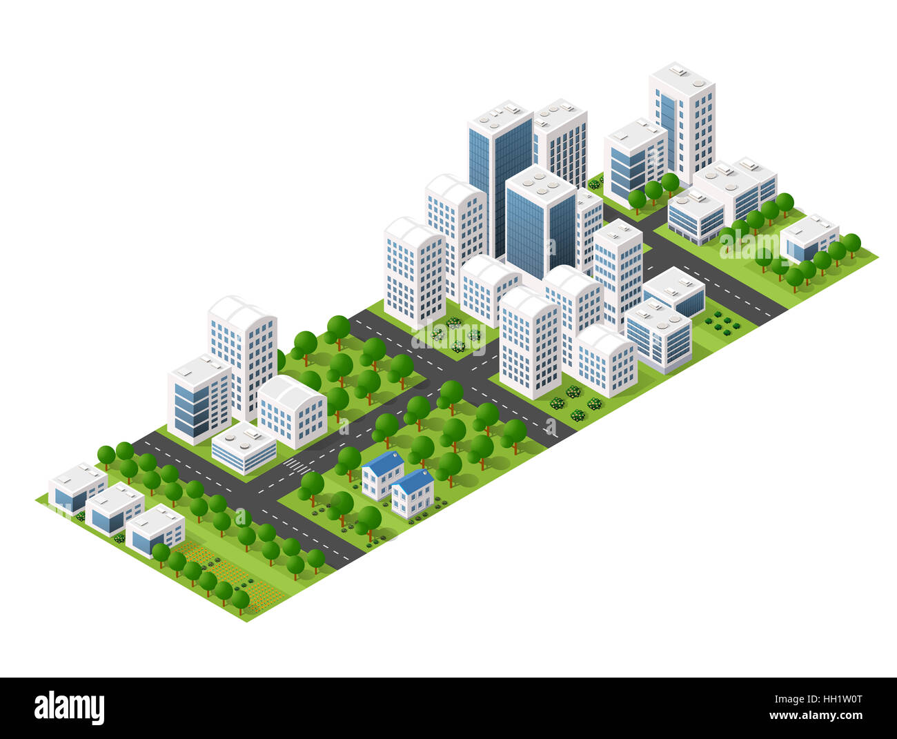 Perspective isométrique ville avec des rues, des maisons, des gratte-ciel, des parcs et des arbres Banque D'Images