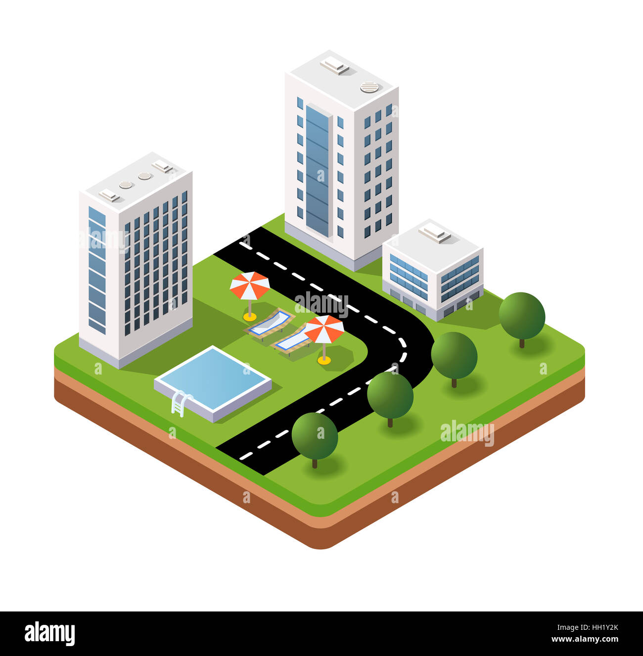 Les icônes en 3D isométrique voyages avec le paysage et les parasols de l'hôtel Banque D'Images