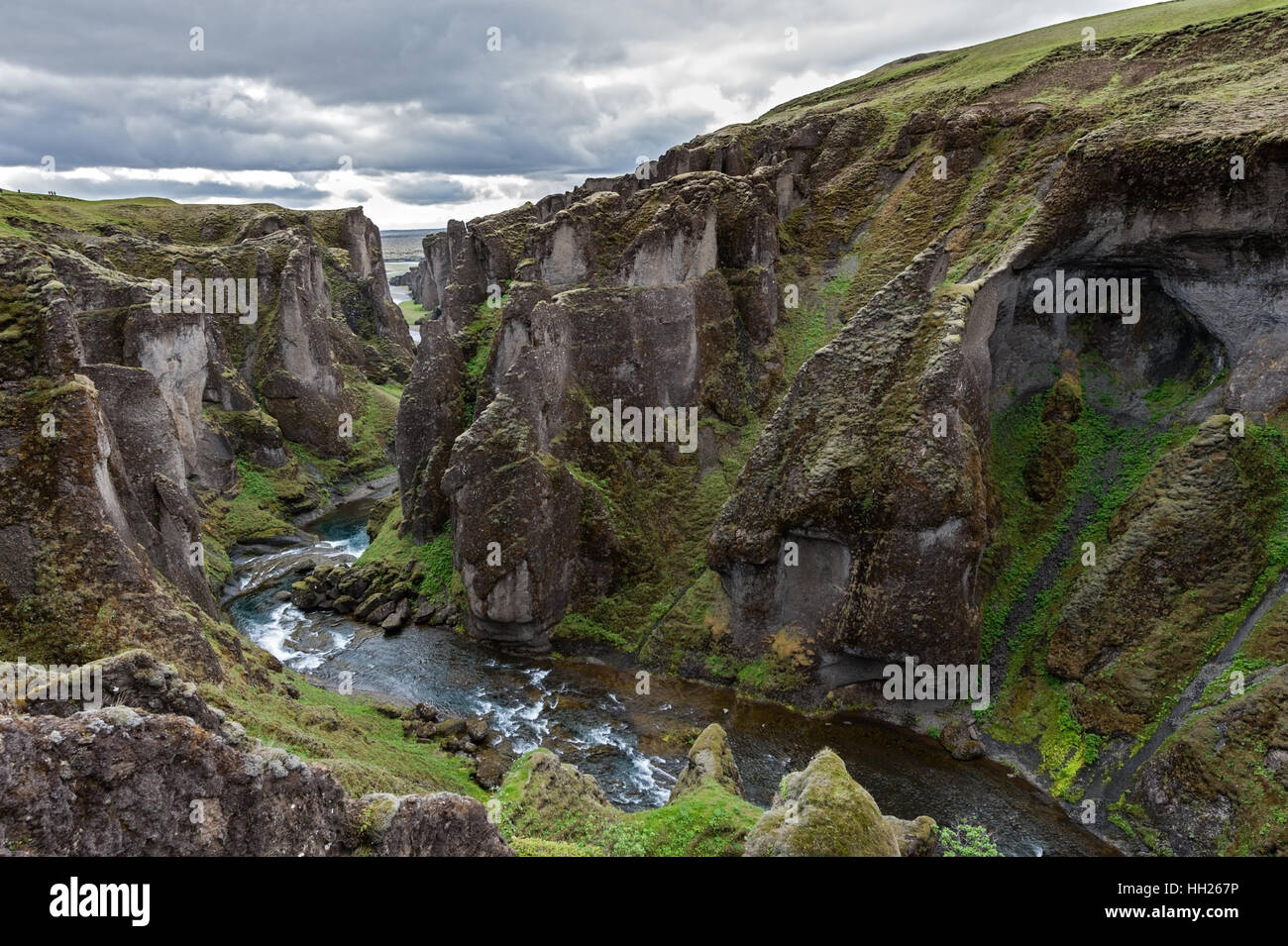 Fjaðrárgljúfur est un canyon dans le sud-est de l'Islande qui est jusqu'à 100 m de profondeur et à environ 2 kilomètres de long, avec l'Fjaðrá river. Banque D'Images