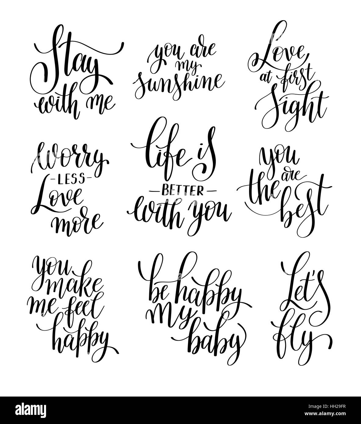 Ensemble d'écrits à la main en noir et blanc sur l'amour phrase lettrage Illustration de Vecteur