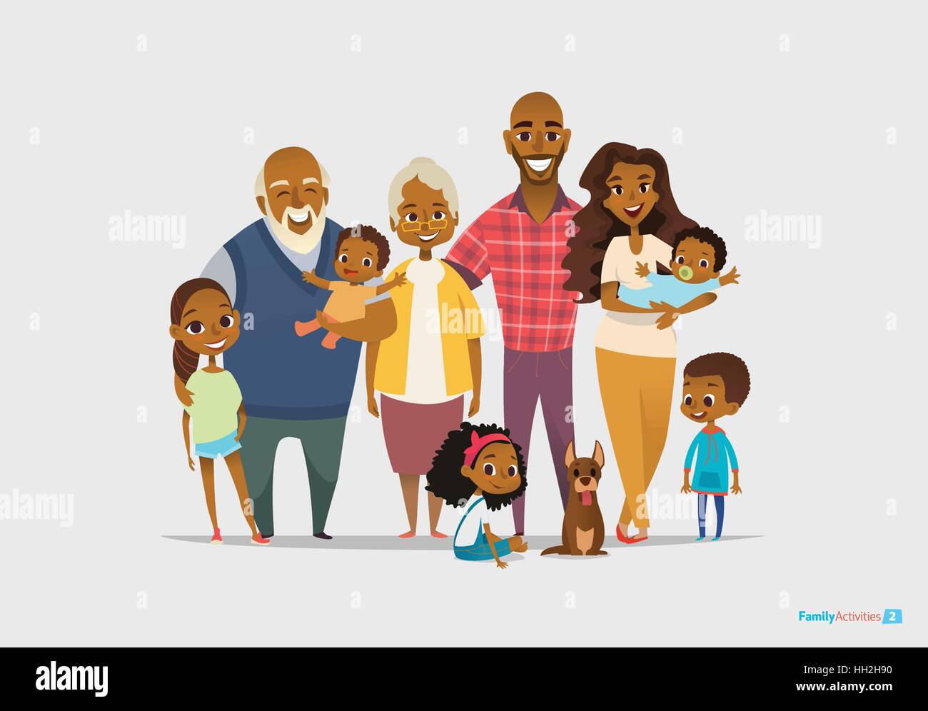 Grande famille portrait. Trois générations - les grands-parents, les parents et les enfants d'âge différents ensemble. Personnages souriants. Vector illustration pour poster, cartes de vœux, site web, ad Illustration de Vecteur