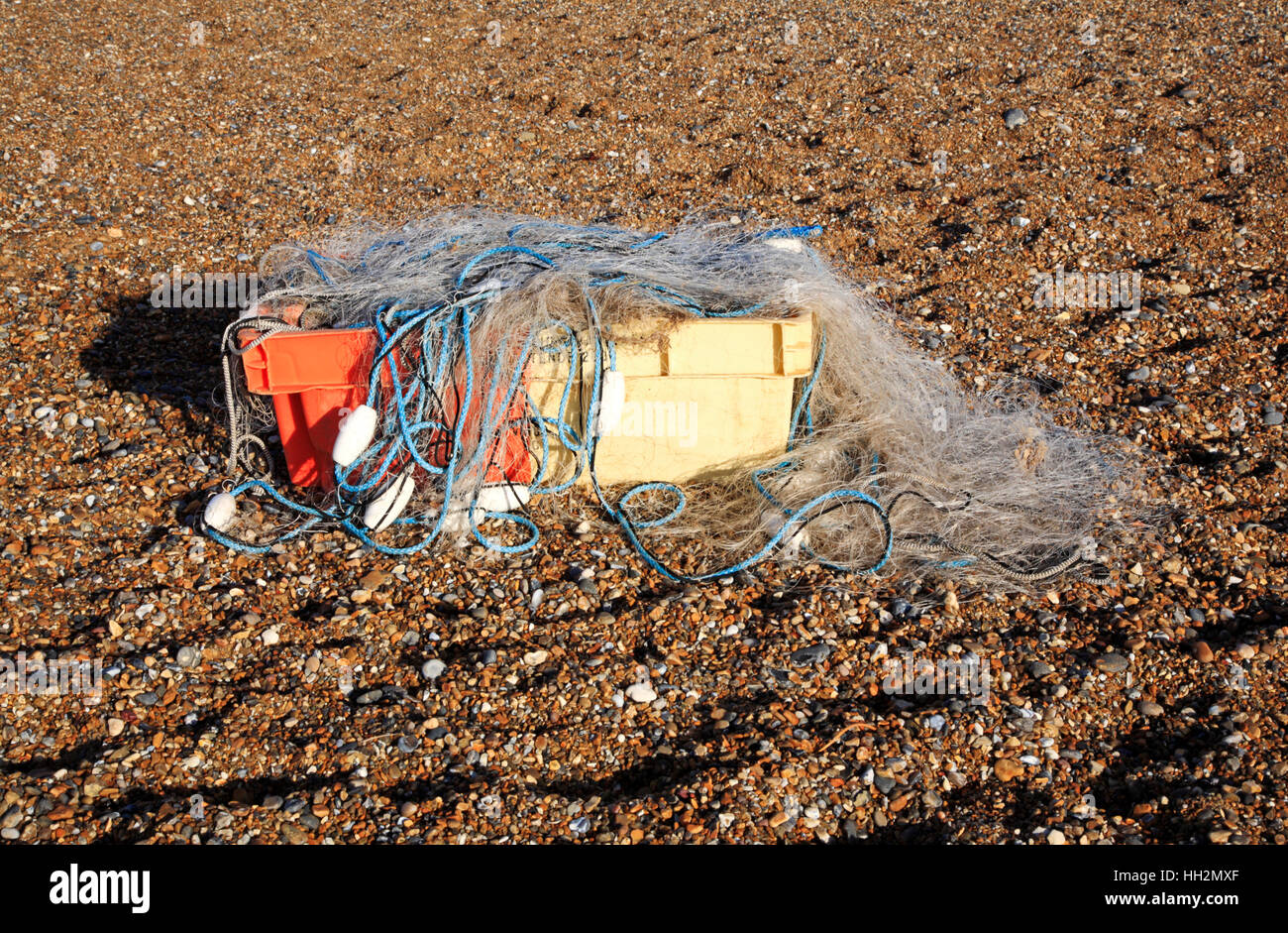 Équipement de pêche côtière sur la plage à Claj next la mer, Norfolk, Angleterre, Royaume-Uni. Banque D'Images