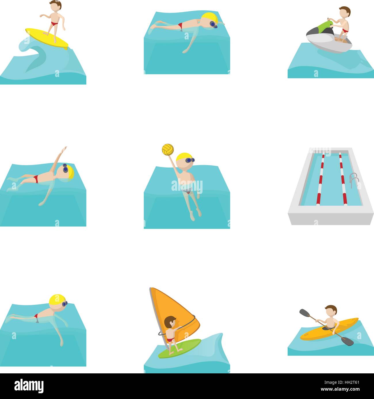 L'eau Active sport icons set, cartoon style Illustration de Vecteur