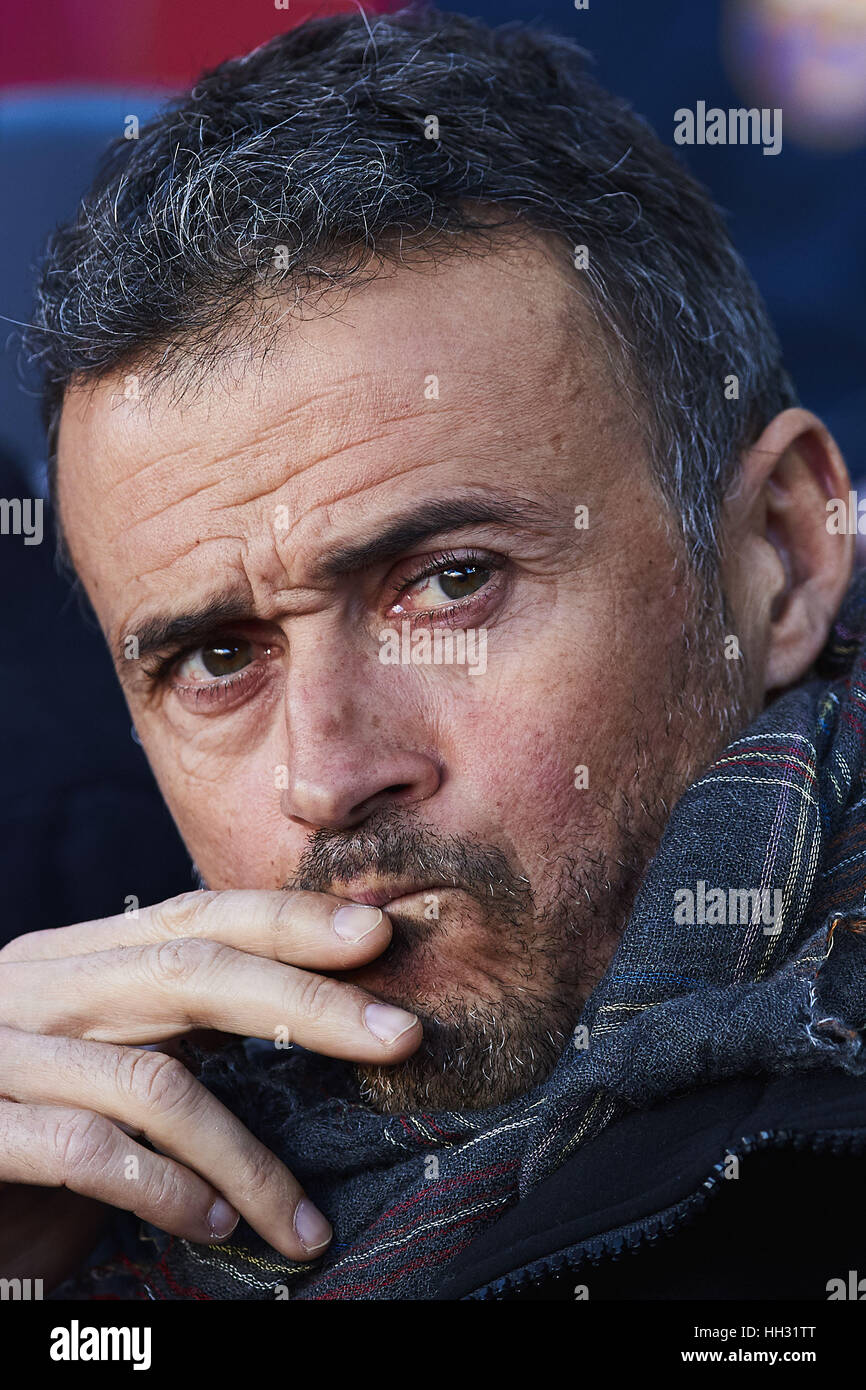 Barcelone, Espagne. 14 Jan, 2017. Luis Enrique coach (FC Barcelone), au cours de la Liga match de football entre le FC Barcelone et l'UD Las Palmas, au Camp Nou à Barcelone, Espagne, le samedi 14 janvier 2017. Foto : S.Lau | Verwendung weltweit Credit : dpa/Alamy Live News Banque D'Images