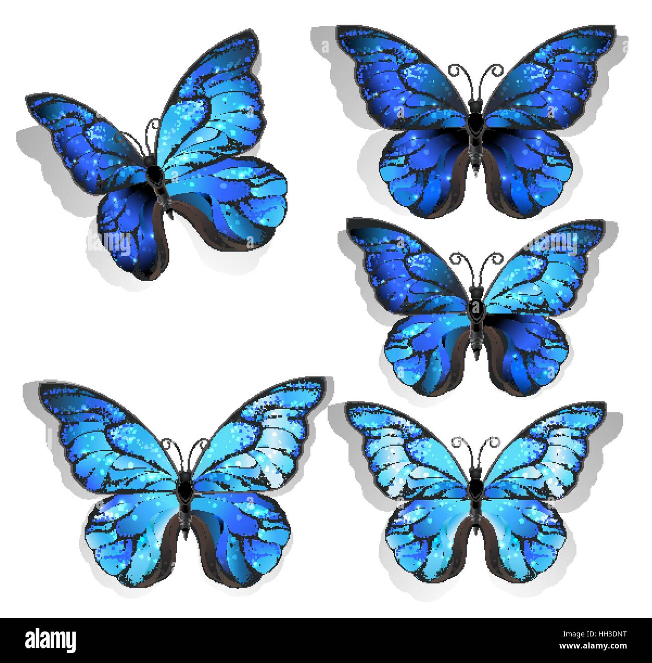 Ensemble d'artistiquement peints en bleu morpho papillon texturé avec ailes irisées sur fond clair. Morpho. Conception avec papillons bleu morpho. Illustration de Vecteur