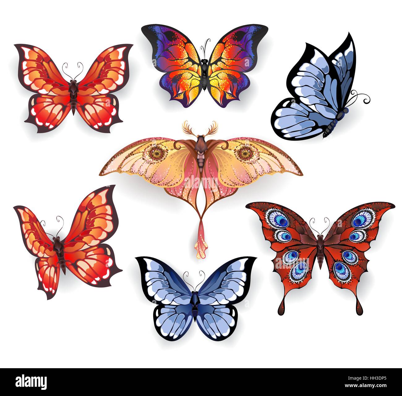 Ensemble de lumineux isolé, papillons exotiques réaliste sur un fond blanc. Papillons exotiques. Illustration de Vecteur