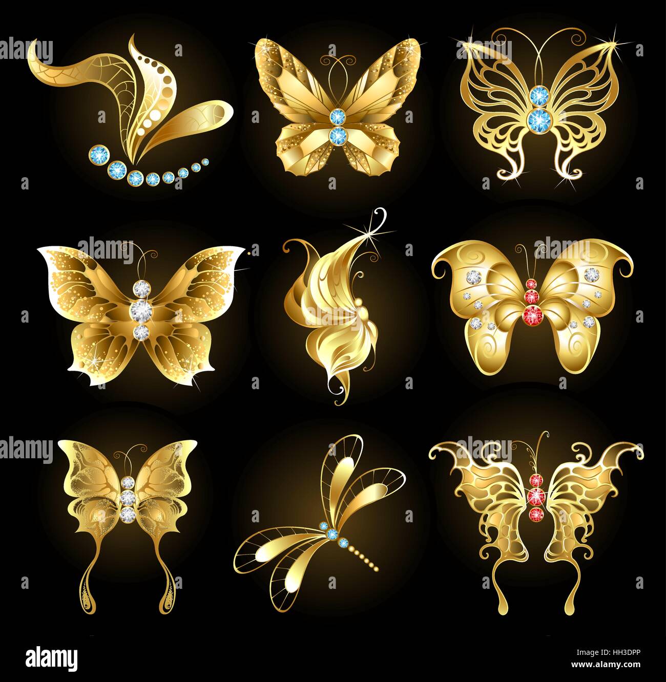 Ensemble de libellules et papillons d'or, incrustée de saphirs, rubis et diamants sur fond noir Illustration de Vecteur