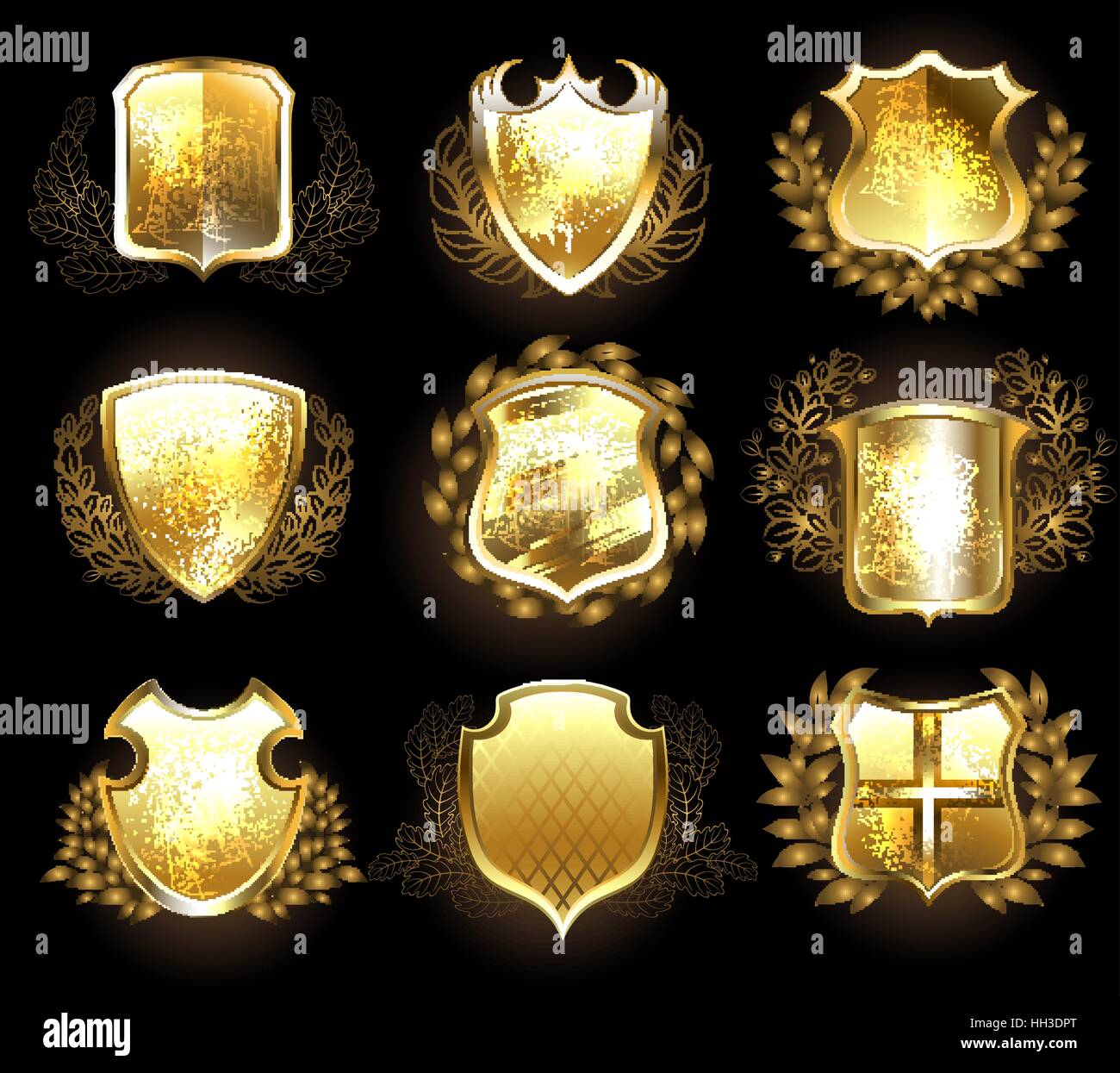 Ensemble de boucliers d' or sur fond noir. Illustration de Vecteur