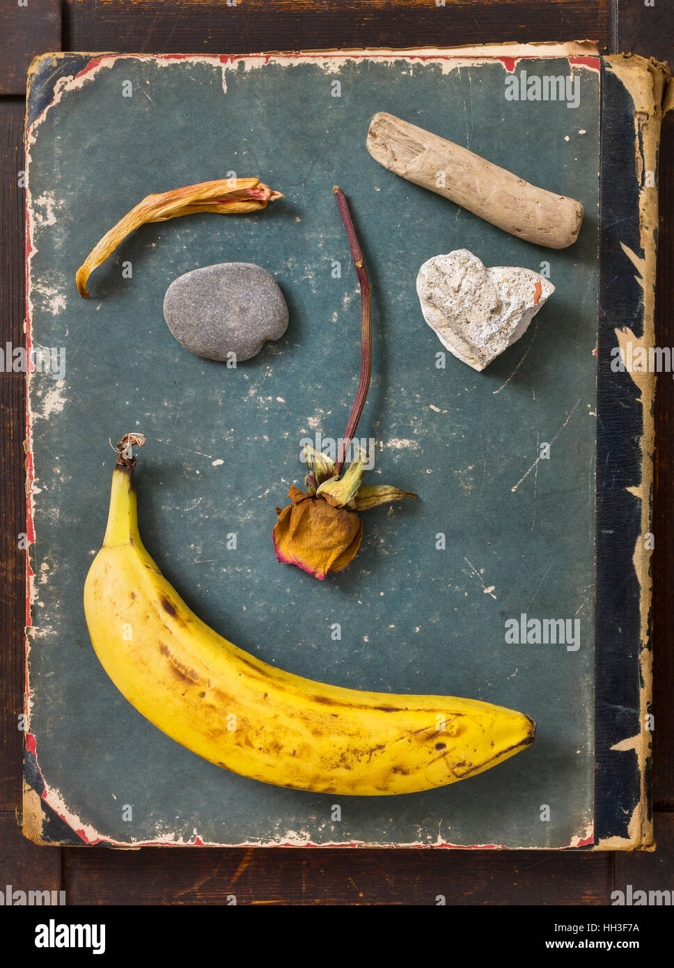 Funny Smileys réalisés avec la banane, rose et pierres sur de grungy couverture de livre Banque D'Images