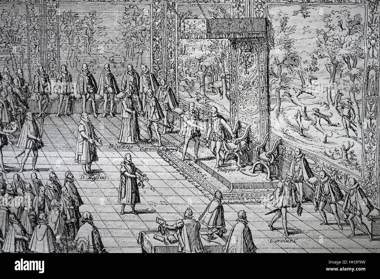 Charles V, empereur romain saint abdication à Bruxelles, 1555. Gravure par Hozenberg Cooper. Copie. Banque D'Images