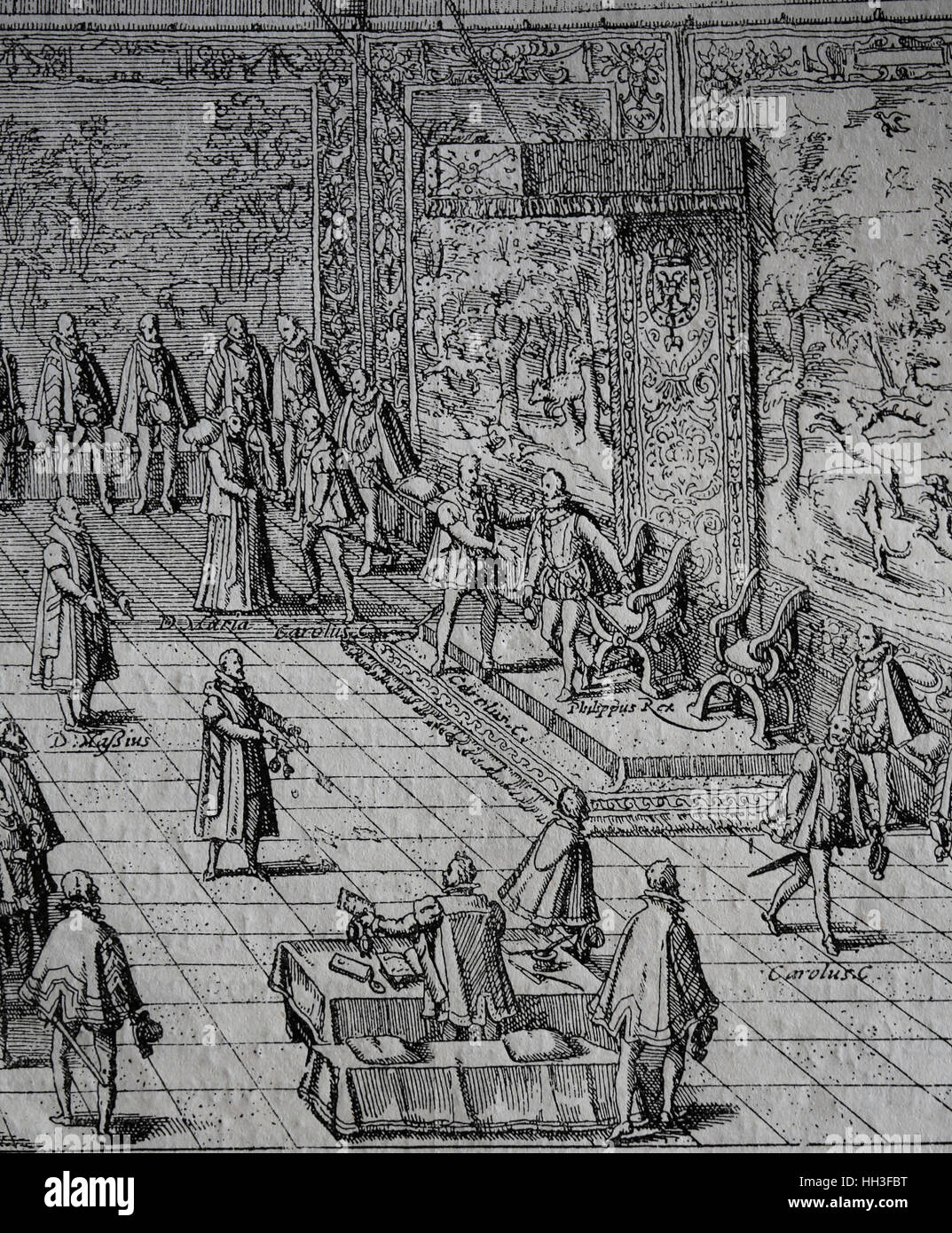Charles V, empereur romain saint abdication à Bruxelles, 1555. Gravure par Hozenberg Cooper. Copie. Banque D'Images