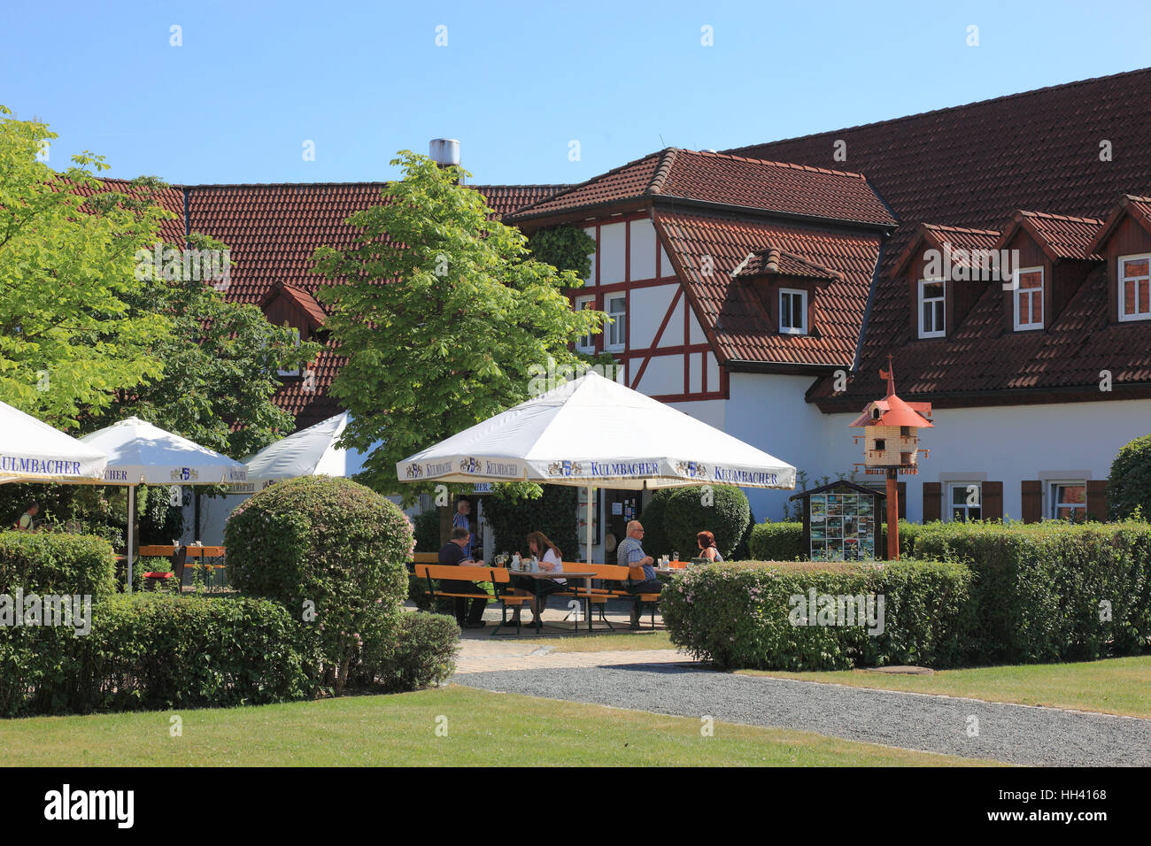Jardin de bière de l'inn, Frankenfarm Himmelkron, district de Kulmbach, Haute-Franconie, Bavière, Allemagne Banque D'Images