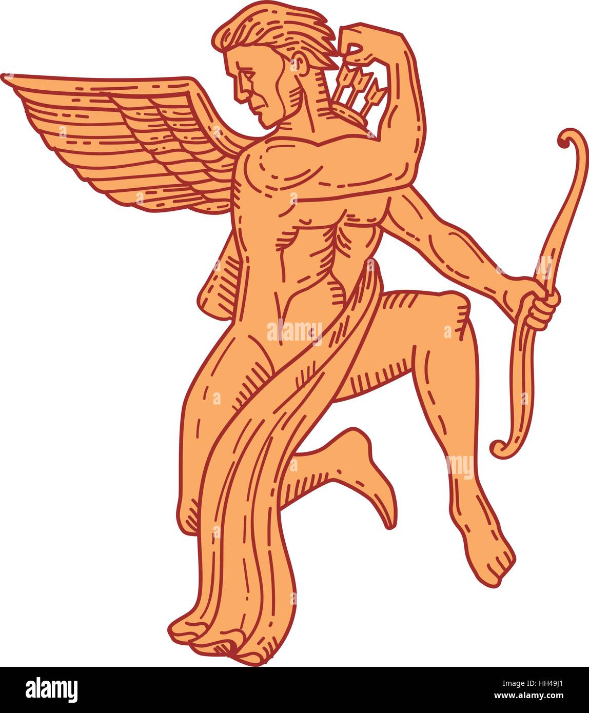 Illustration de style ligne mono cupid Angel holding bow flèche dessin de l'arrière à côté de la vue de l'avant ensemble sur zone blanche isolée Illustration de Vecteur