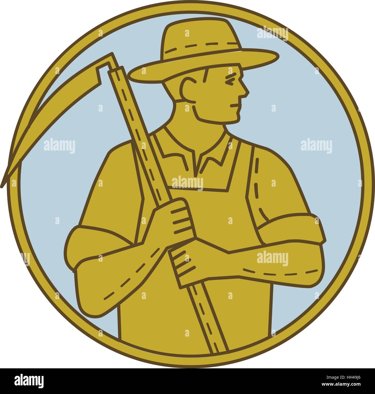 Style ligne mono illustration d'un agriculteur biologique farm worker holding à la faux sur le côté situé à l'intérieur du cercle sur fond isolé. Illustration de Vecteur