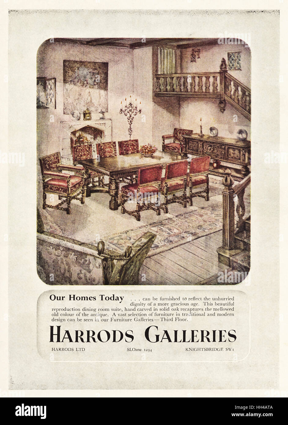 1950 Annonce de la publicité old vintage original du magazine anglais 1950 Publicité pour Harrods Galeries de mobilier en chêne du ménage Banque D'Images