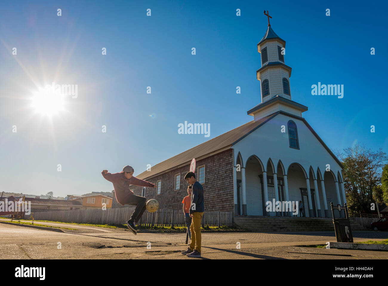 Grande île de Chiloé. Les lacs, Chili. Église de Dalcahue. Églises de chiloe Banque D'Images