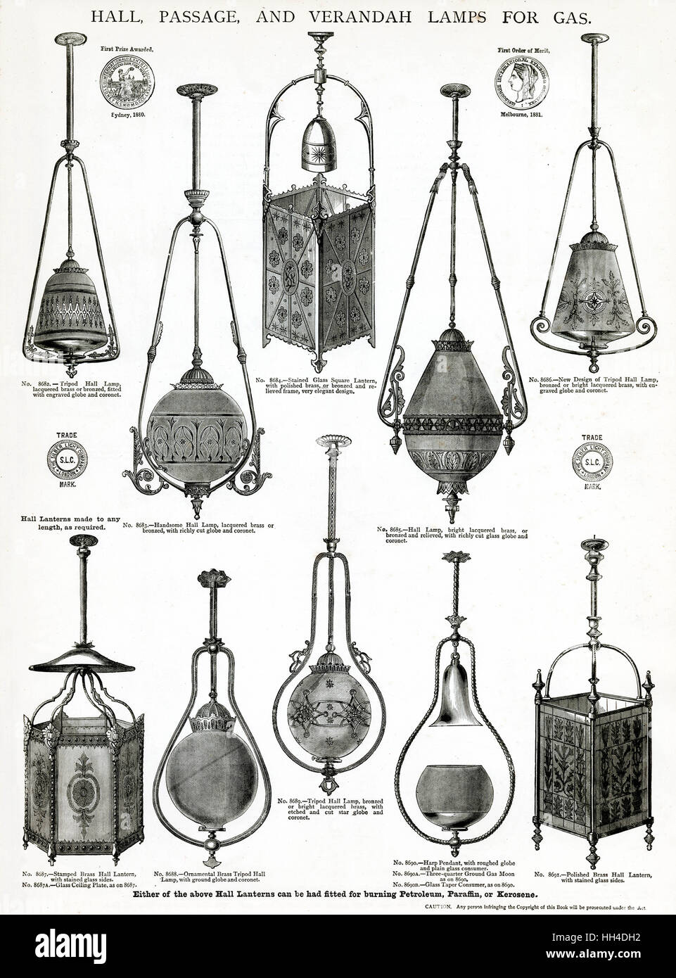 Lampes de hall, de passage et de véranda pour l'éclairage au gaz 1881 Banque D'Images