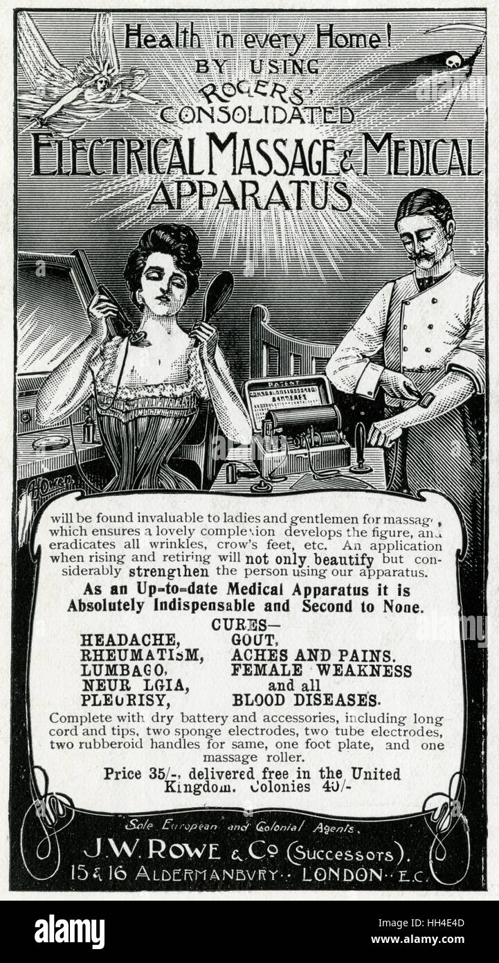 Publicité pour les appareils de massage électrique J. W Rowe & Co. 1902 Banque D'Images