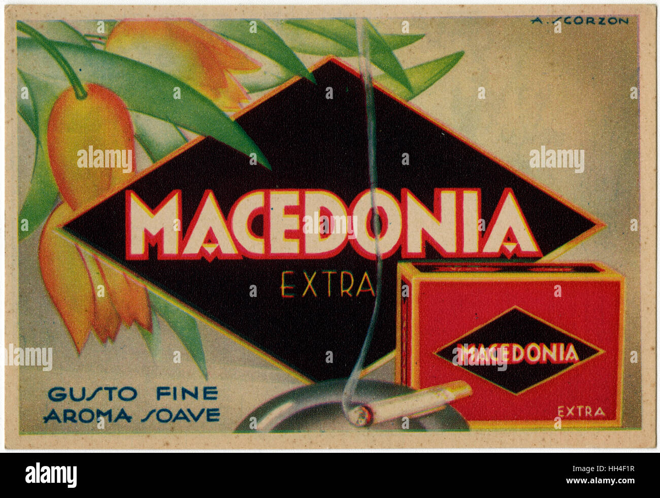 Carte postale art déco - cigarettes de Macédoine - Amos Scorzon Banque D'Images