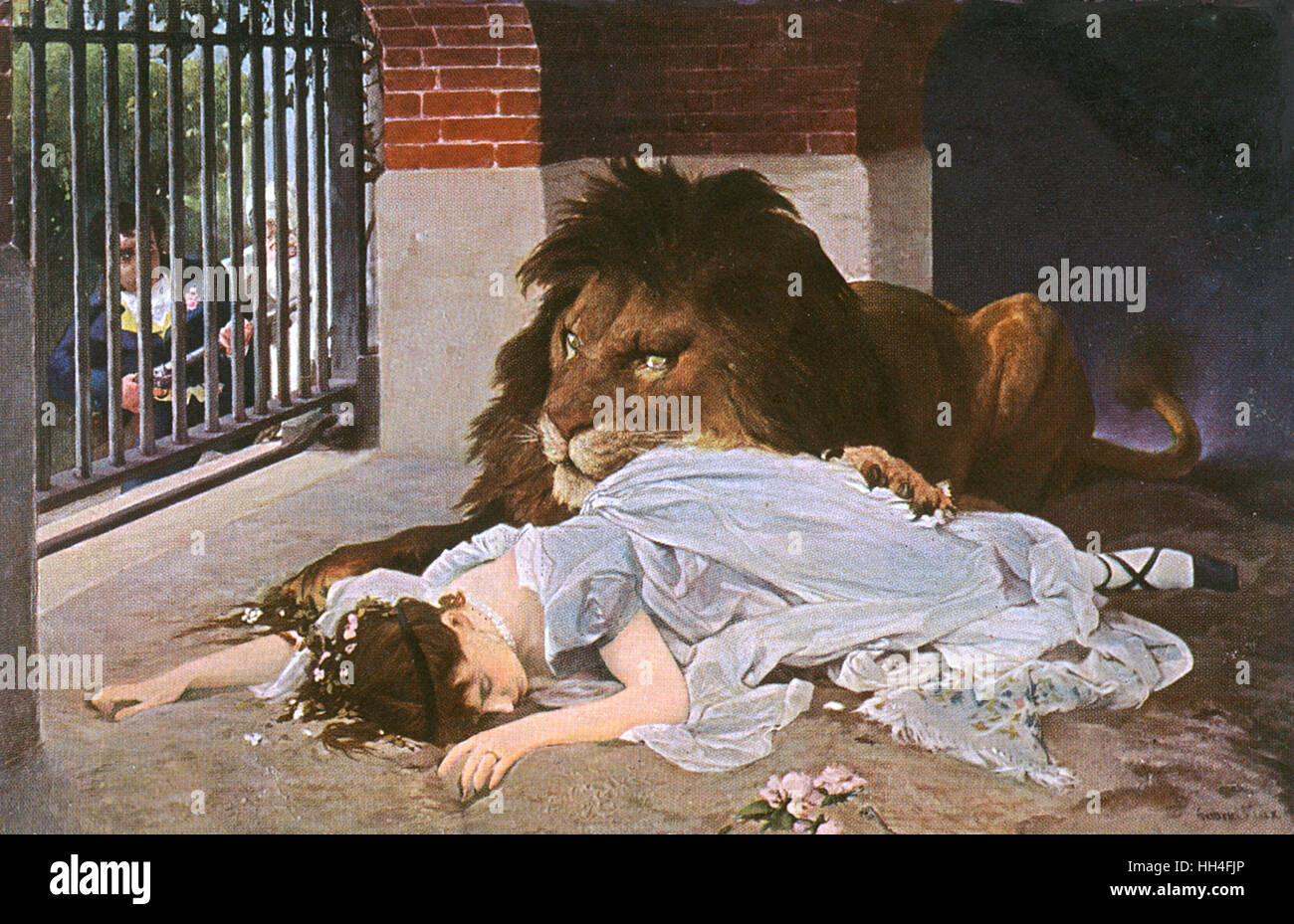 'Le Lion's Bride' - une peinture par Gabriel Cornelius Ritter von Max (1840-1915) était un peintre autrichien né à Prague. La scène a été décrite en mouvement photo formulaire comme un hommage au film de Gloria Swanson, "male et femelle", (1919), réalisé par Cecil B. de Banque D'Images