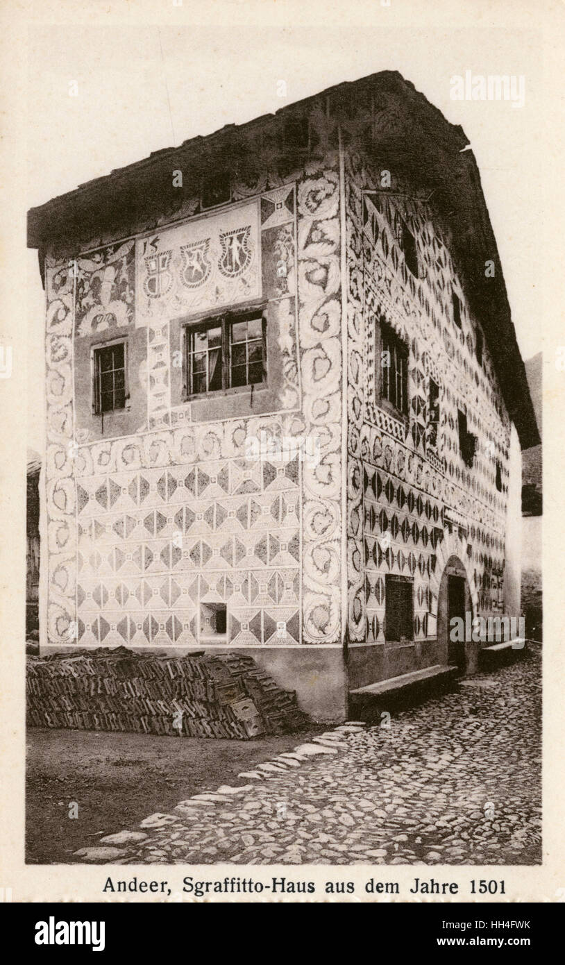 Suisse - AnDeer - Maison décorée Haus Padrun (1501) Banque D'Images