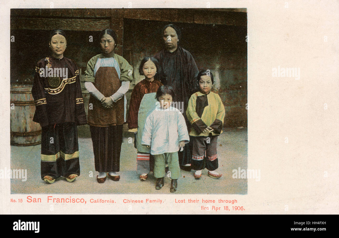 Famille chinoise, San Francisco, sans abri après le tremblement de terre Banque D'Images