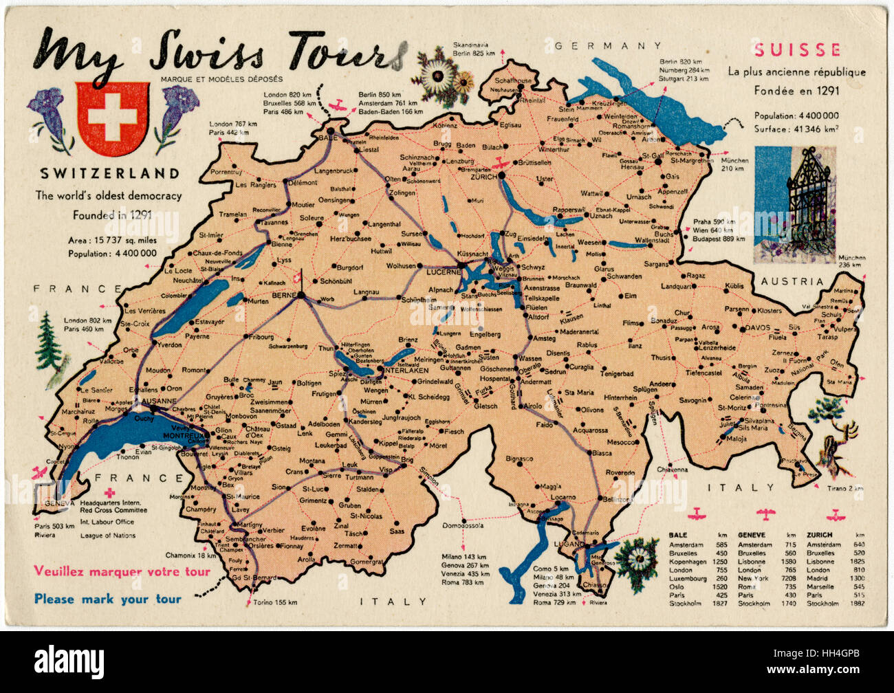 Carte montrant les routes d''Motorbus Suisse Banque D'Images