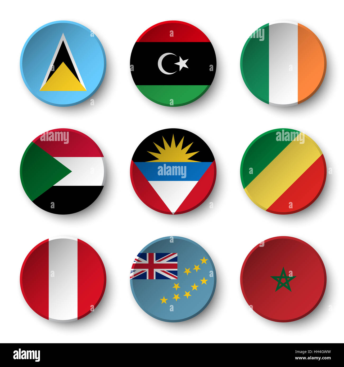 Ensemble de drapeaux du monde badges ronds ( Saint Lucia . La Libye . L'irlande . Soudan . Antigua-et-Barbuda . République du Congo . Le Pérou . Tuvalu . Maroc ) Banque D'Images