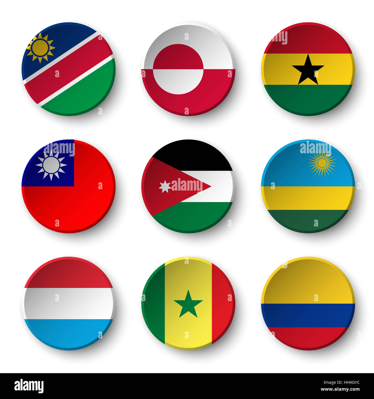 Ensemble de drapeaux du monde badges ronds ( Namibie . Le Groenland . Le Ghana . Taiwan . La Jordanie . Le Rwanda . Le Luxembourg . Le Sénégal . Colombie ) Banque D'Images