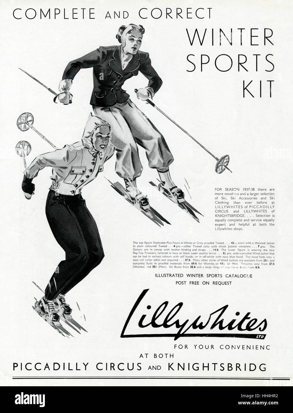 Publicité pour les vêtements de ski Lillywhites 1937 Banque D'Images