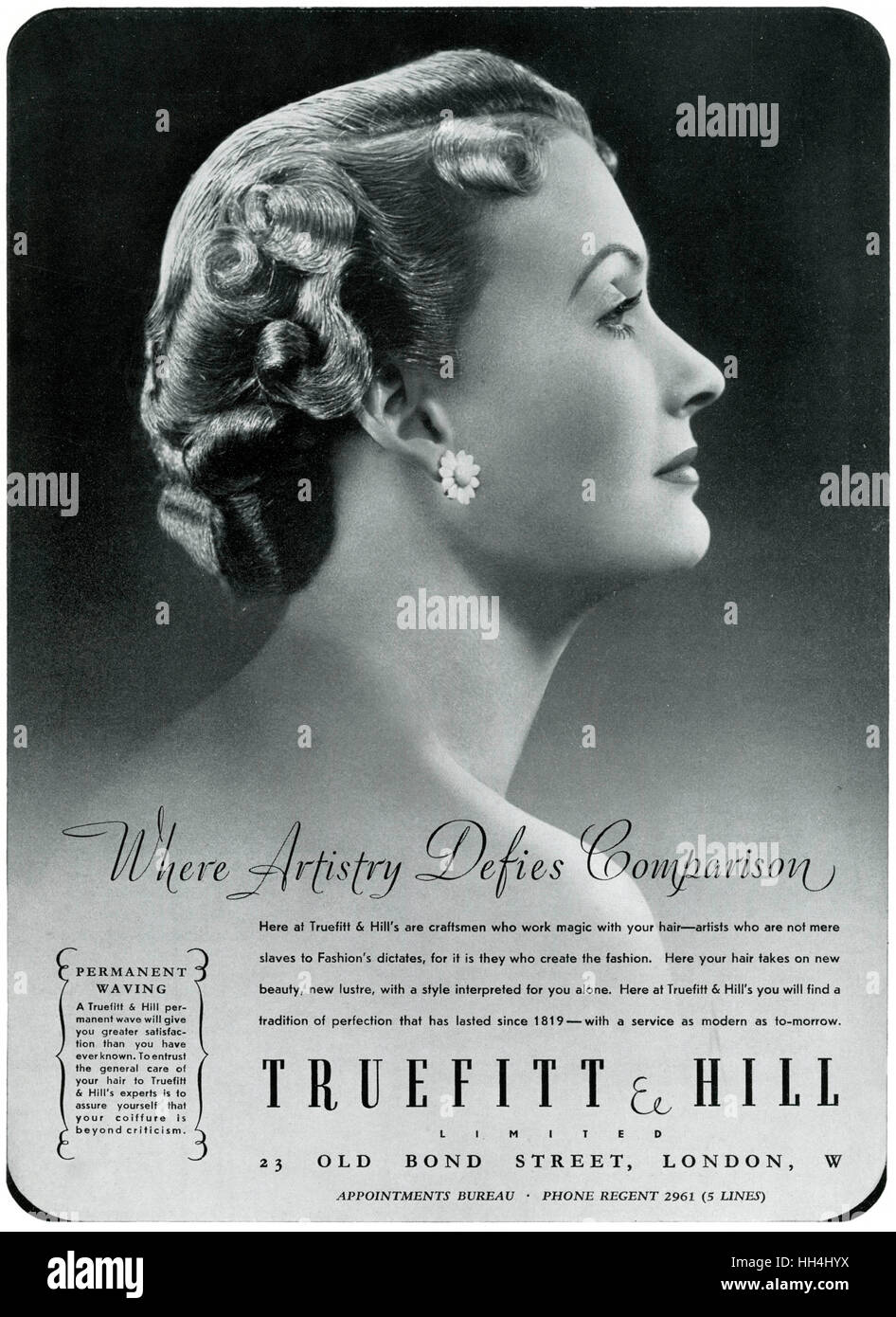 Publicité pour Truefitt & Hill - stylistes et produits capillaires 1937 Banque D'Images