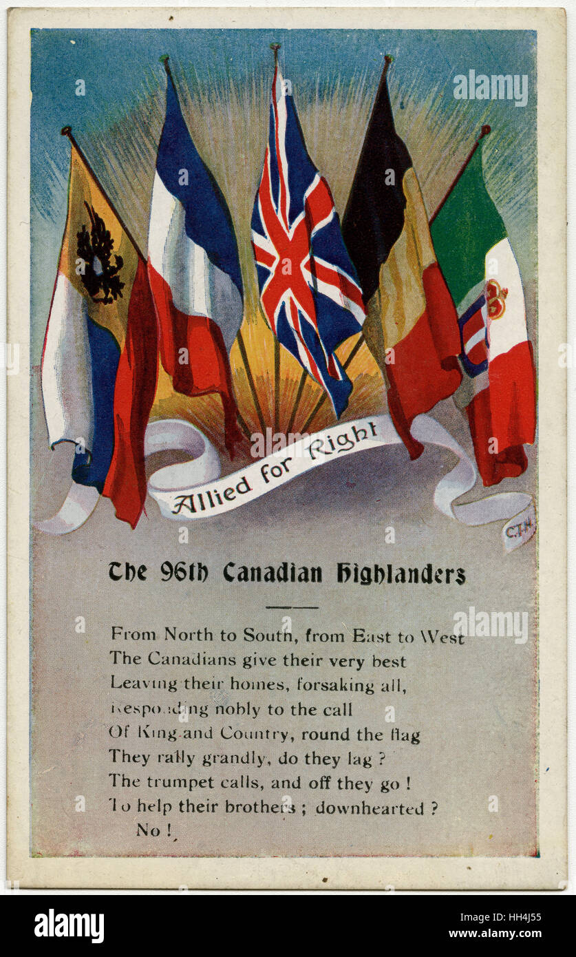 WW1 - 96th Bataillon (Canadian Highlanders) - drapeaux alliés Banque D'Images