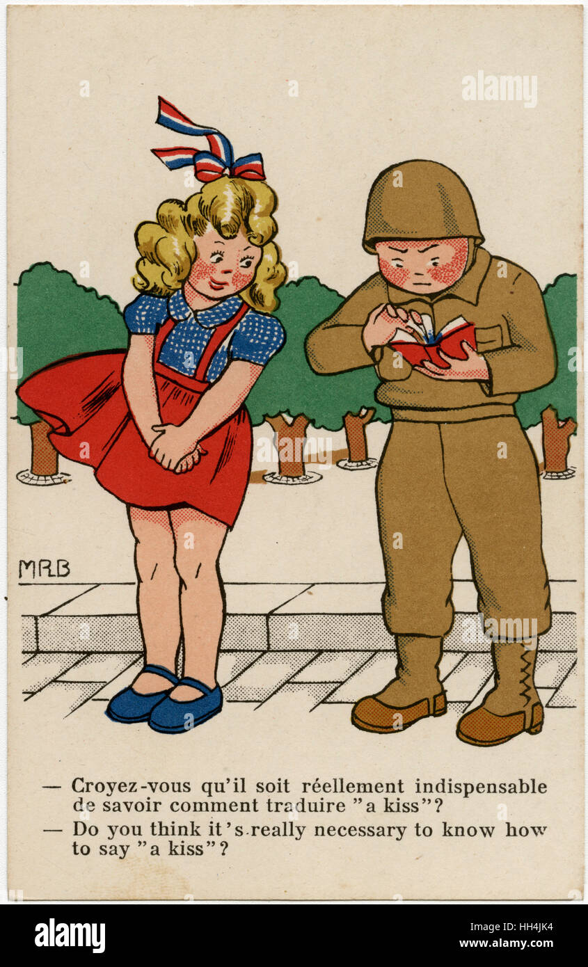 WW2 - un soldat américain regarde le mot 'Kiss' en français ! Banque D'Images